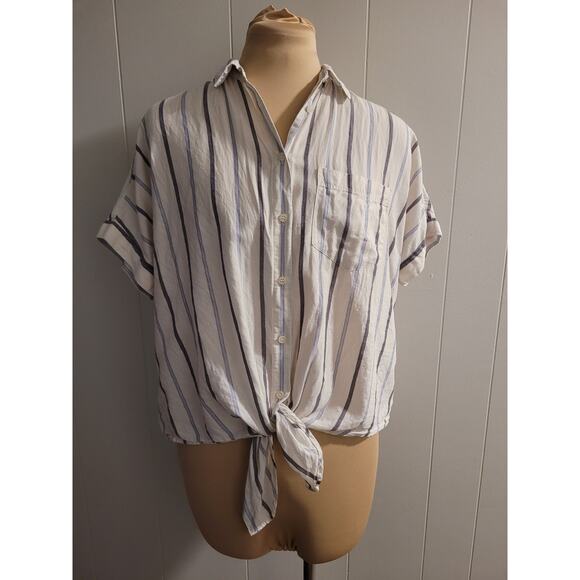 Madewell - White Blue Pinstripe Tie Front Cotton Button Down Blouse Size Small - Picture 2 of 7